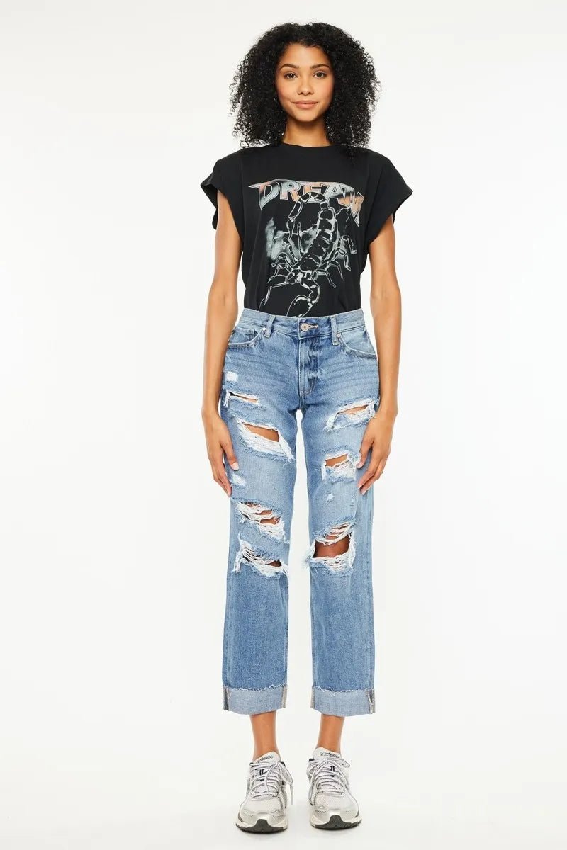 Kancan Mid Rise Distressed Boyfriend Fit Jeans - Bela Fils BoutiqueBela Fils Boutique